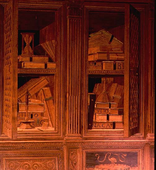 The Study of Federigo da Montefeltro, Duke of Urbino: intarsia panelling depicting a cupboard with l from Baccio Pontelli