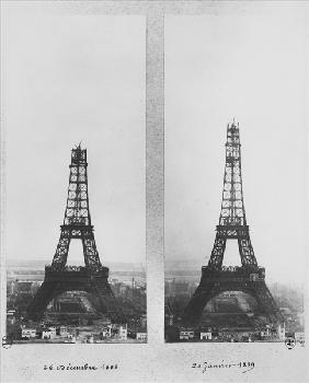 Two views of the construction of the Eiffel Tower, Paris, 26th December 1888 and 20th January 1889 (