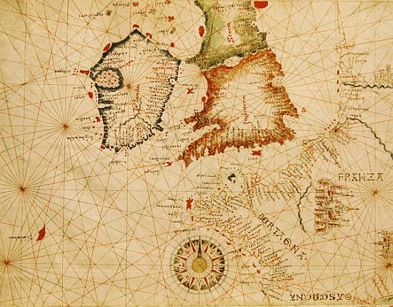 The French Coast, England, Scotland and Ireland, from a nautical atlas, 1520(detail from 330910) from Giovanni Xenodocus da Corfu