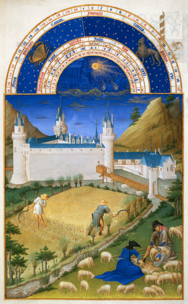 Fascimile of July: Harvesting and Sheep Shearing, from the ''Tres Riches Heures du Duc de Berry'' (f from Limbourg Brothers