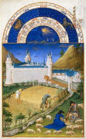 Fascimile of July: Harvesting and Sheep Shearing, from the ''Tres Riches Heures du Duc de Berry'' (f