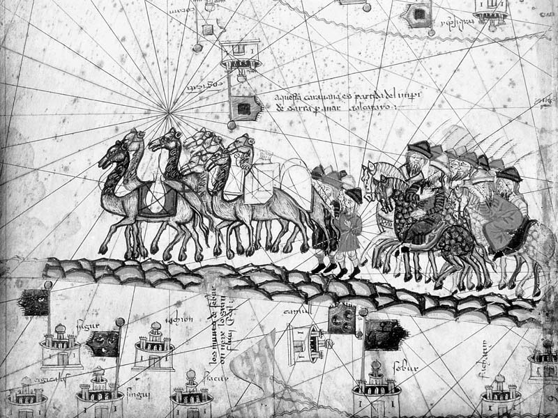 Ms Esp 20 panel 4 Caravans Crossing The Urals on the way to Cathay, from the Catalan Atlas of Charle from Abraham Cresques