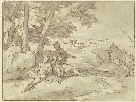 In einer Landschaft sitzen unter einer Baumgruppe zwei antike Figuren