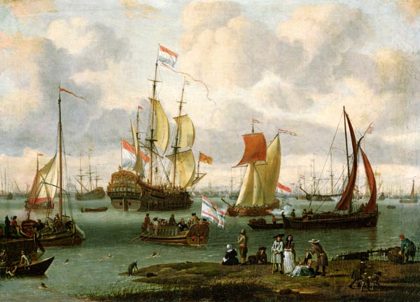 Stroller on the bank of the river Ij with ships from Abraham J. Storck und Schüler