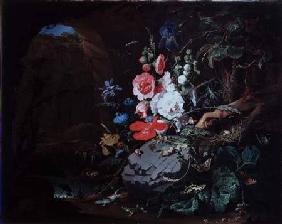 Flowers and birds in a cave