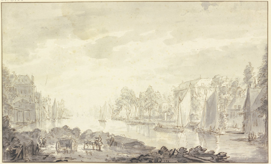 Stadtansicht am Fluss, vorne ein Wagen und Pferde from Abraham Rademaker