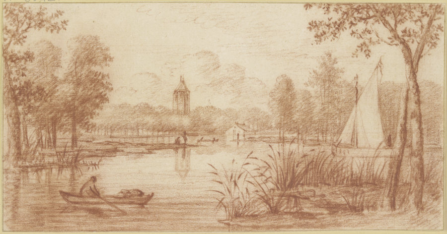 Flussgegend zwischen Bäumen, rechts ein Segelschiff, links ein Boot, im Hintergrund ein Turm from Abraham Rutgers