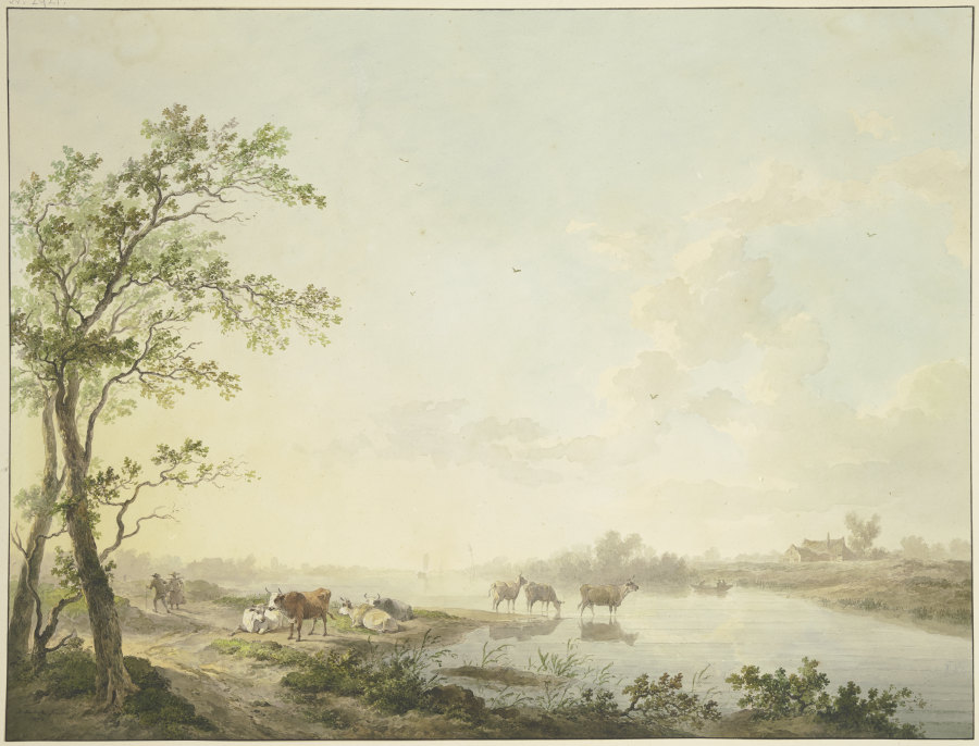 Nebliger Morgen an einem Flusse, am Ufer sieben Kühe, zum Teil im Wasser stehend from Abraham Teerlink