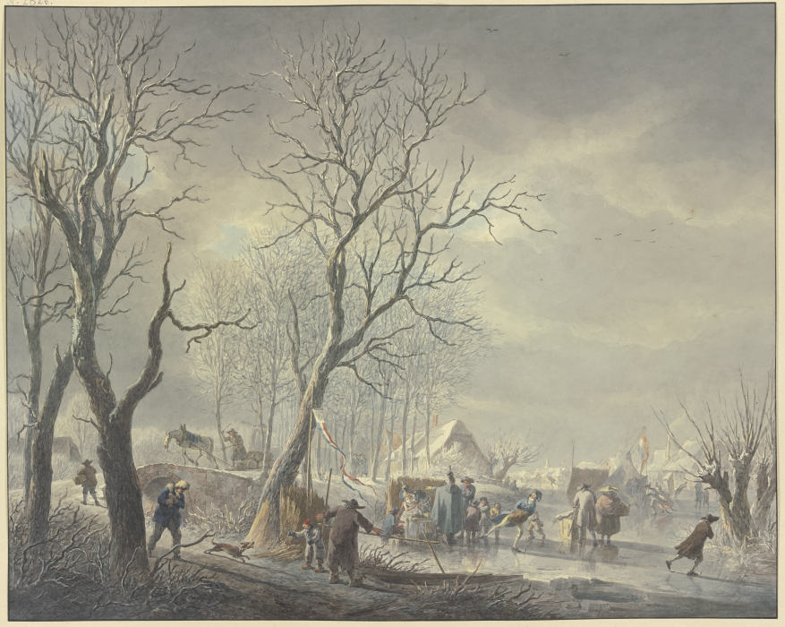 Winterlandschaft, Schlittschuhläufer bei Zelten auf dem Kanal, ein Husar umarmt ein Getränke haltend from Abraham Teerlink