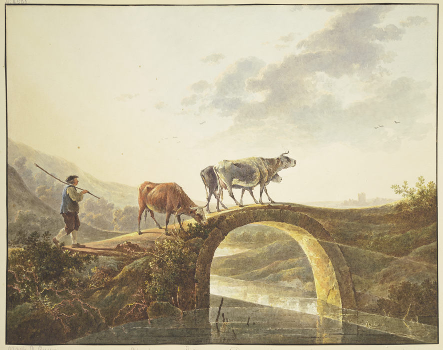 Hirte mit drei Rindern auf einer Flußbrücke from Abraham van Strij