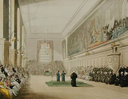 The Hall, Blue Coat School, from 'Ackermann's Microcosm of London', engraved by J. Hill from A.C. Rowlandson