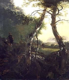 An Italian Wooded Landscape with Figures and Cattle