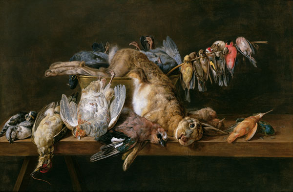 Still life of dead birds and a hare on a table from Adriaen van Utrecht