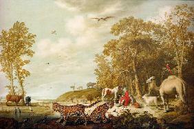 Orpheus with animals in a landscape