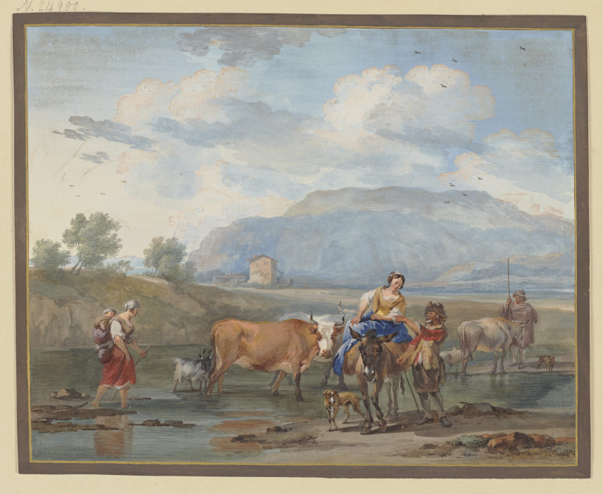Hirten treiben Kühe durch ein Wasser, links trägt eine Frau ihr Kind auf dem Rücken, rechs reitet ei from Aert Schouman