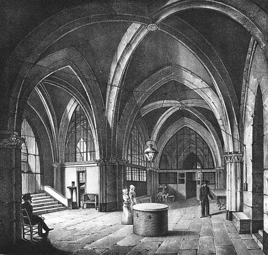 Interior view of the entrance room at the Conciergerie Prison; engraved by Alphonse Urruty (1800-70) from (after) Collard
