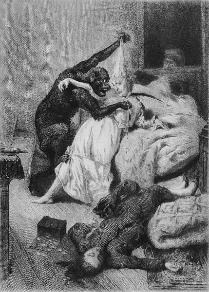 Illustration for ''The Murders in the Rue Morgue'' Edgar Allan Poe (1809-49) ; engraved by Eugene Mi from (after) Daniel Urrabieta Vierge