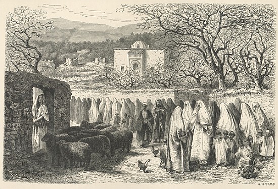 Marabout and Procession: Tlemcen; engraved by Henri Theophile Hildibrand (1824-97) from (after) Edouard Riou