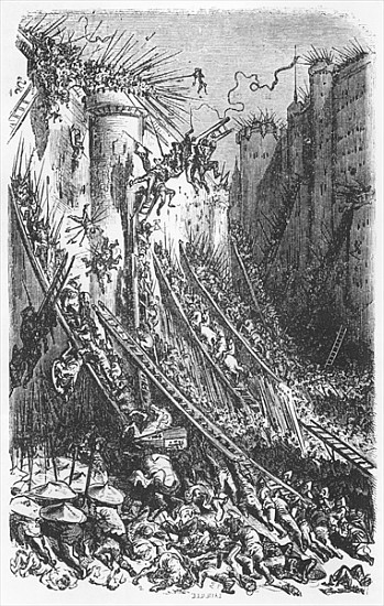 Attacking a castle or a fortified town, illustration from ''Les Contes Drolatiques'' Honore de Balza from (after) Gustave Dore