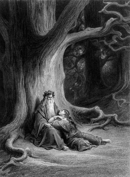 The Enchanter Merlin and the Fairy Vivien in the forest of Broceliande, from ''Vivien'', poem Alfred