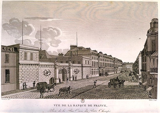 The Bank of France from Rue Croix-Petits-Champs; engraved by Eugene Dubois from (after) Henri Courvoisier-Voisin