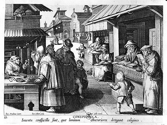 The Spectacles Seller; engraved by Jan Collaert and Joan Galle (1600-76) from (after) Jan van der (Giovanni Stradano) Straet