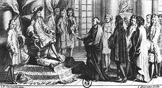 Members of the French Academy presenting the dictionary to Louis XIV (1638-1715) in 1694; engraved b from (after) Jean-Baptiste Corneille