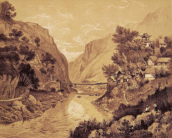 Suspension Bridge at Lao-Oua-Tan, Plate 46, from ''Exploration de l''Indochine, Vol.II''; engraved b from (after) Louis Delaporte