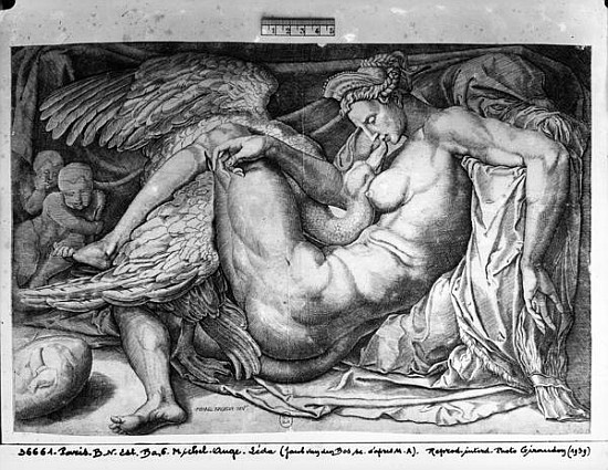 Leda; engraved by Jacobus Bos, Boss or Bossius (b.c.1520) from (after) Michelangelo Buonarroti