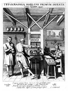 The bindery of Laurens Janszoon Koster; engraved by J. van der Velde, published by  in ''Laure-crans