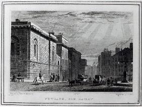 Newgate prison and the Old Bailey; engraved by Robert Acon