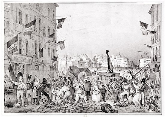 Barricade at the Rue Dauphine, 29th July 1830; engraved by H. Delaporte from (after) Victor Adam