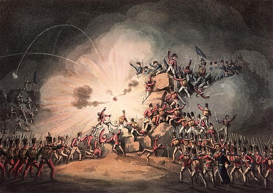 Storming of Ciudad Rodrigo, 19th January, 1813 aquatinted by Thomas Sutherland (b.c.1785) from (after) William Heath