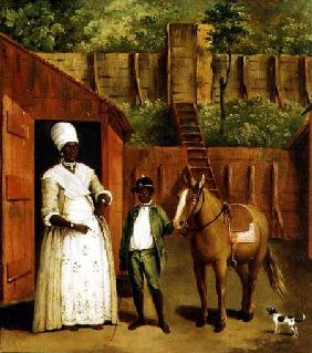A Negro Mother and Son with a Pony outside a Stable