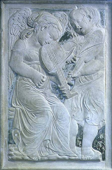 Two putti playing lutes, from the frieze of musical angels in the Chapel of Isotta degli Atti from Agostino  di Duccio