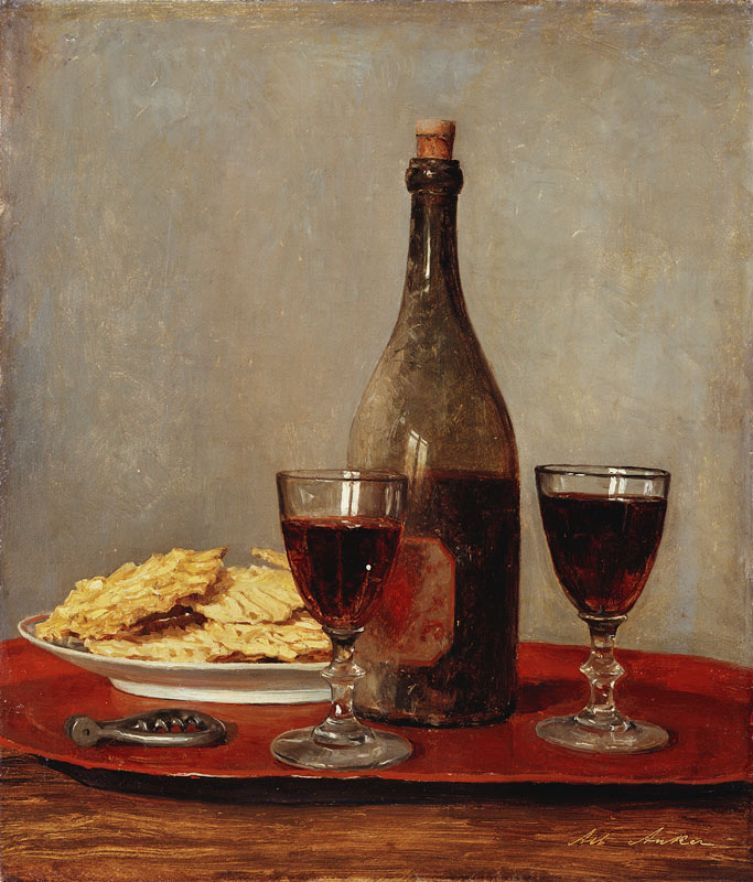 Still life with two glasses of red wine from Albert Anker