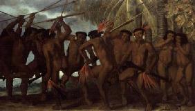 Tapuya men of North Eastern Brazil in war dance