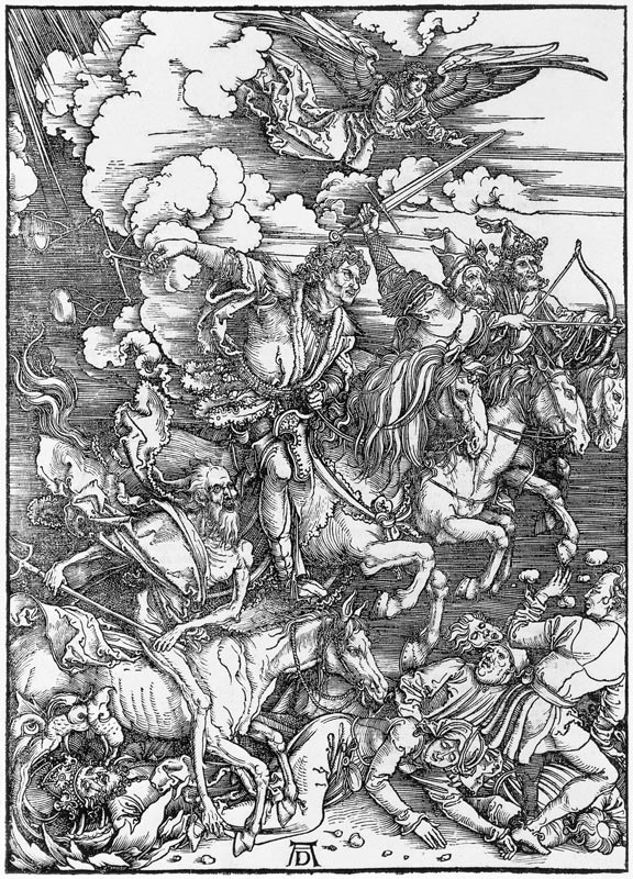 The apocalyptic riders (woodcut, uncolored) from Albrecht Dürer