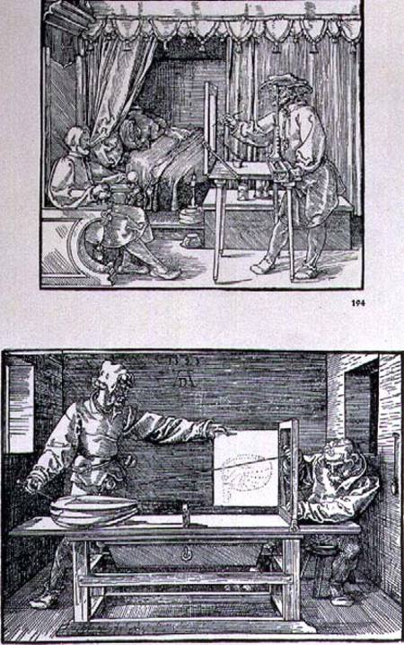 Apparatus for translating three-dimensional objects into two-dimensional drawings, two scenes from t from Albrecht Dürer