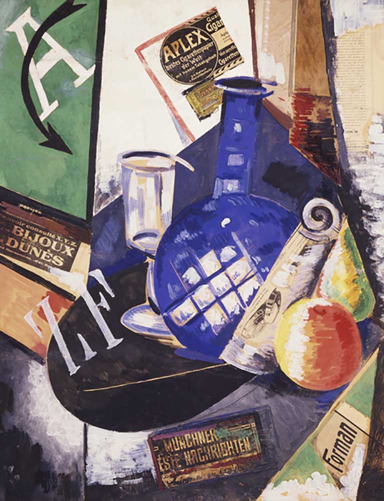 Still life with bottle and glass, by Alexandra Exter (1882-1949), oil and collage on canvas, 68x53 c from Aleksandra Aleksandrovna Ekster