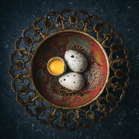 Quail eggs in vintage Indian bowl