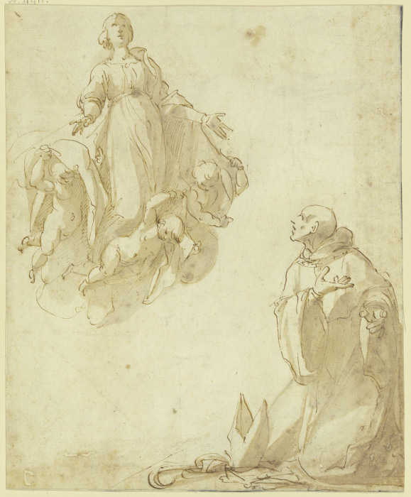 Maria von Engeln getragen erscheint einem knienden Bischof from Alessandro Tiarini