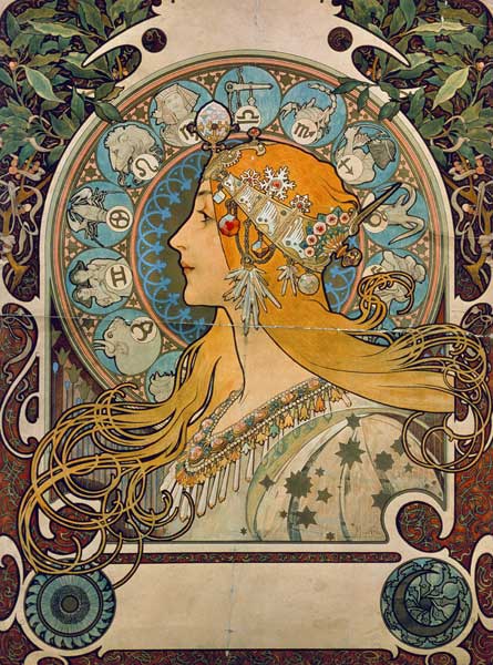 Calendar illustration zodiac for the printery Champenois and Zeitschri Plume from Alphonse Mucha