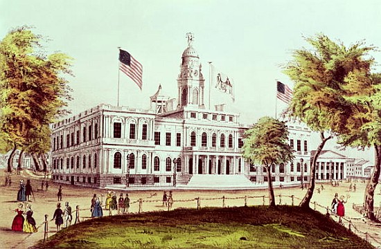 City Hall, New York; engraved by Nathaniel Currier (1813-88) from American School