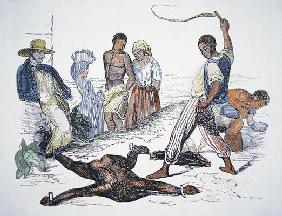 Whipping a slave in punishment (coloured engraving)