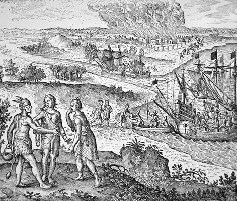 Pocahontas is enticed aboard the English ship to Jamestown (engraving) from American School, (17th century)