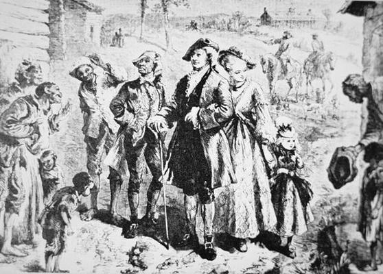 A plantation owner visits his slaves (litho) from American School, (18th century)