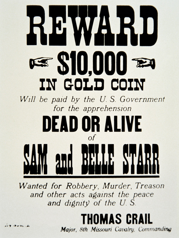 Reward poster for Belle Starr (1848-89) c.1882 (print) from American School, (19th century)