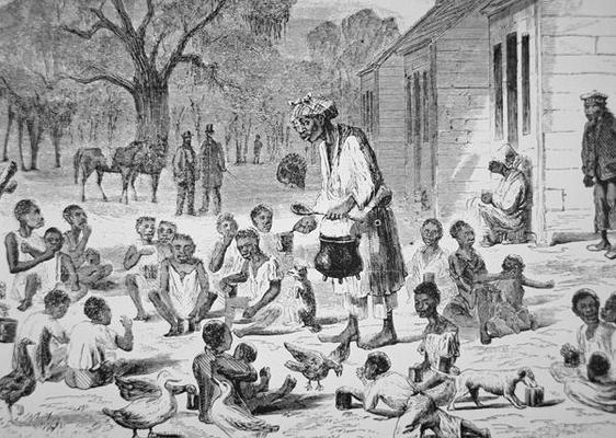 A cook feeding slave children on a Southern plantation, c.1860 (engraving) from American School, (19th century)