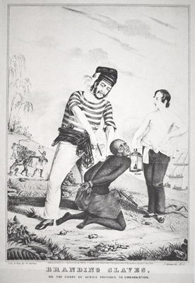 Branding slaves on the coast of Africa, prior to embarkation, 1845 (litho) from American School, (19th century)